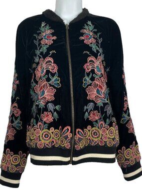 Elevenses Hallie Velvet Bomber Jacket Size S Black Floral Embroidered Beaded